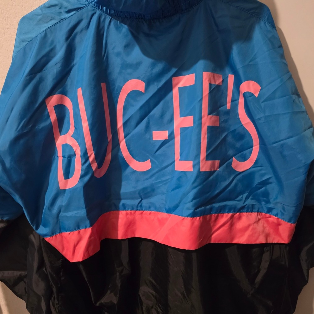 Buc-ee's Mens XL Colorblock Windbreaker Jacket Blue Black Pink Leopard Hood XL - Picture 5 of 7